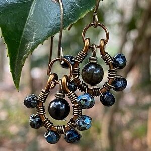 Rainbow Obsidian and Czech Glass Beaded Hoop Earrings